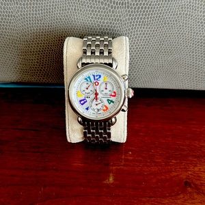 Michele watch.  Fun colorful face with silver band